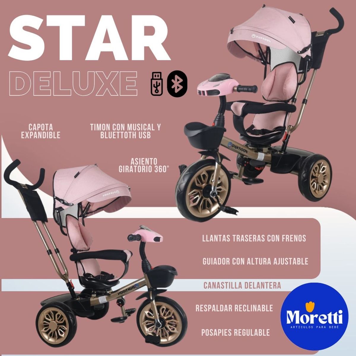 GENERICO - Triciclo Guiador STAR DELUXE USB Bluetooth Rosa