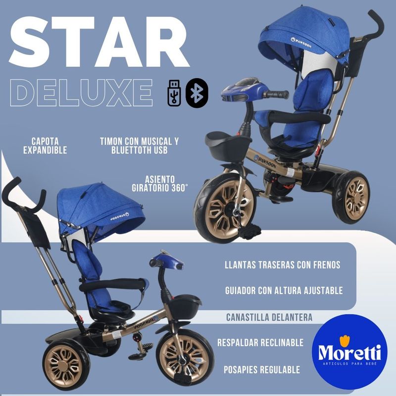 GENERICO - Triciclo Guiador STAR DELUXE USB Bluetooth Azul