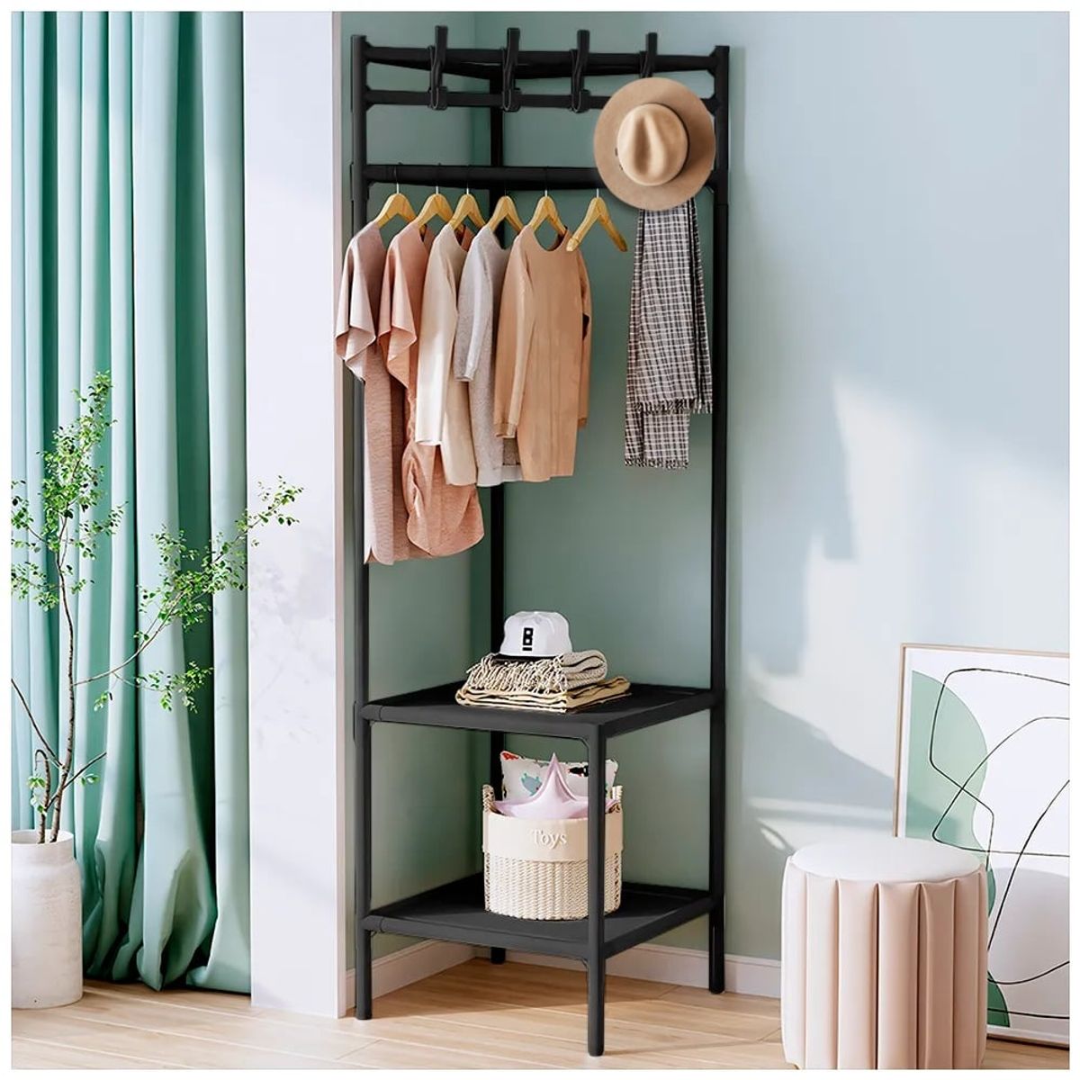 MINARI - Perchero Colgador de Ropa Esquinero Organizador Multiusos Negro P51