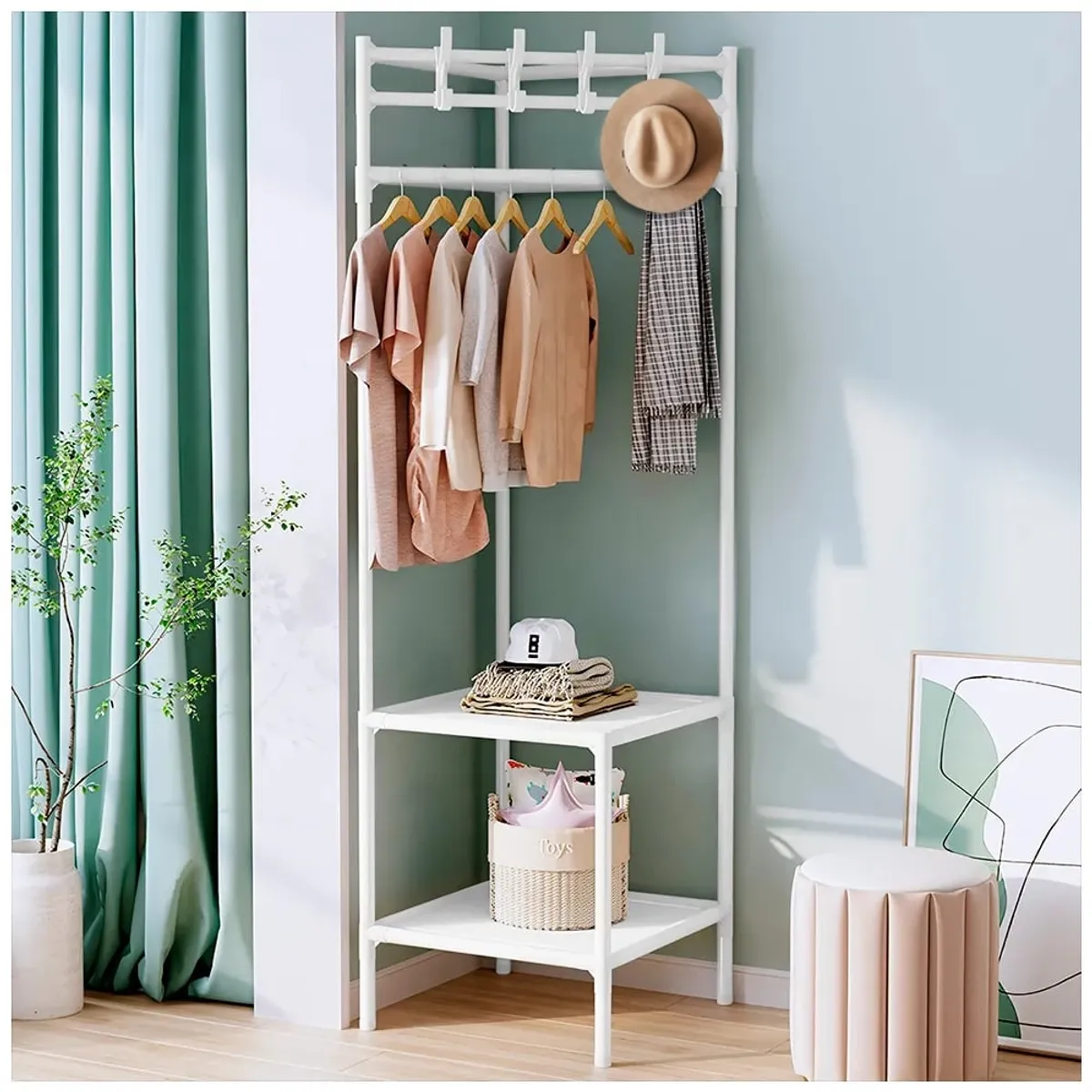 MINARI - Perchero Colgador de Ropa Esquinero Organizador Multiusos Blanco P51