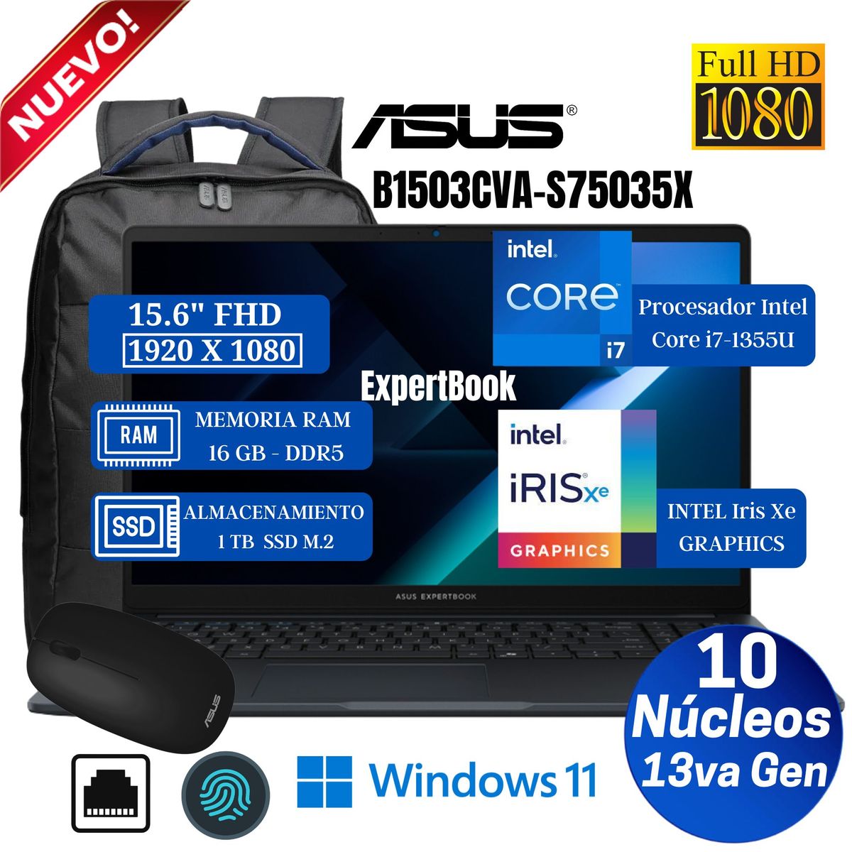 ASUS - Laptop Asus ExpertBook B1503CVA-S75035X 15.6" FHD, Core i7-1355U, Ram 16GB, Ssd 1 TB, Win 11 Pro