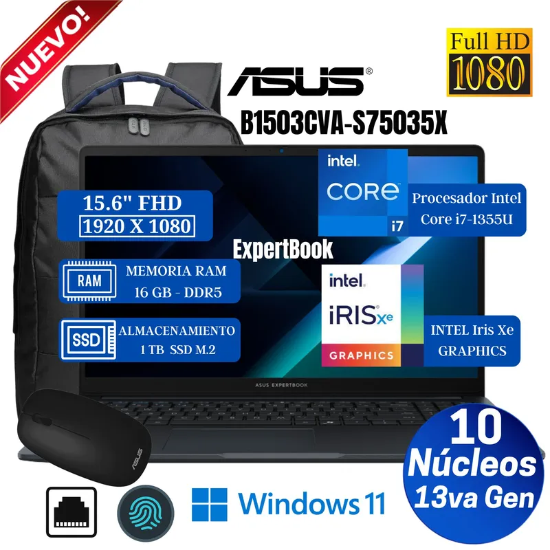 ASUS - Laptop Asus ExpertBook B1503CVA-S75035X 15.6" FHD, Core i7-1355U, Ram 16GB, Ssd 1 TB, Win 11 Pro