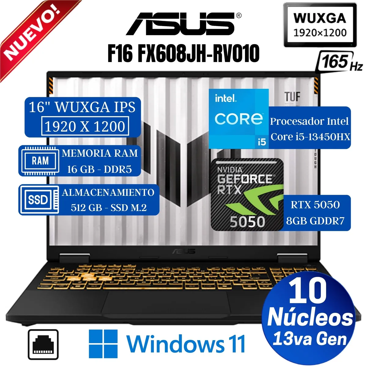 ASUS - Laptop Asus Gaming TUF F16 16" FHD, Intel Core i5-13450HX, Ram 16GB, Ssd 512GB, RTX 5050 8GB, Win 11