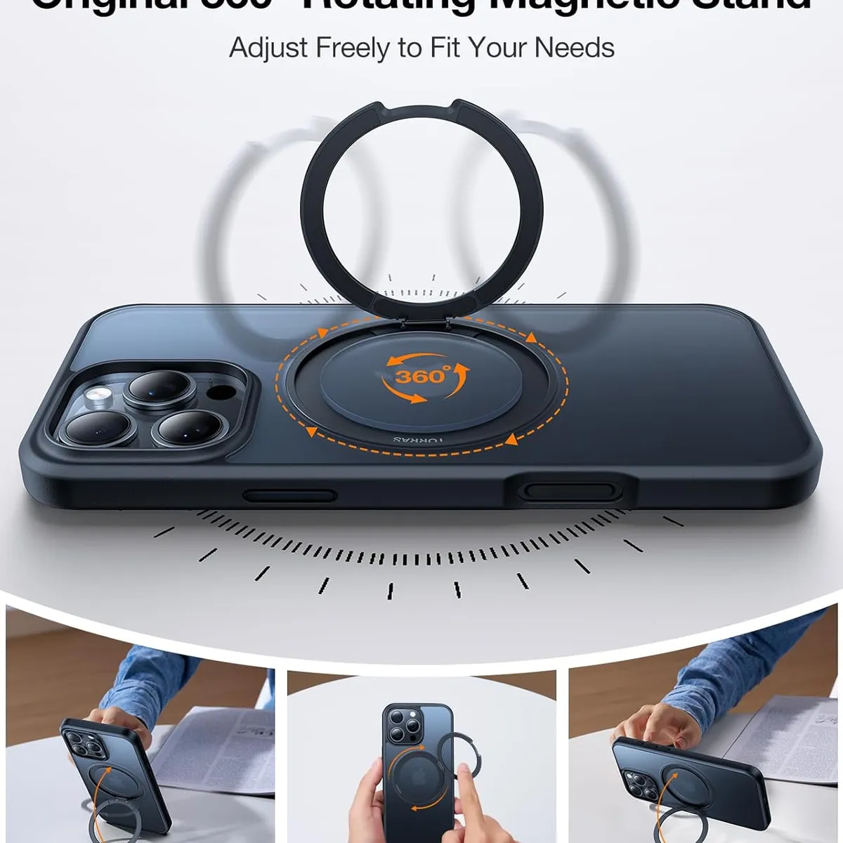 GENERICO - Case iPhone 16 Pro con soporte giratorio 360°MagSafe- Negro