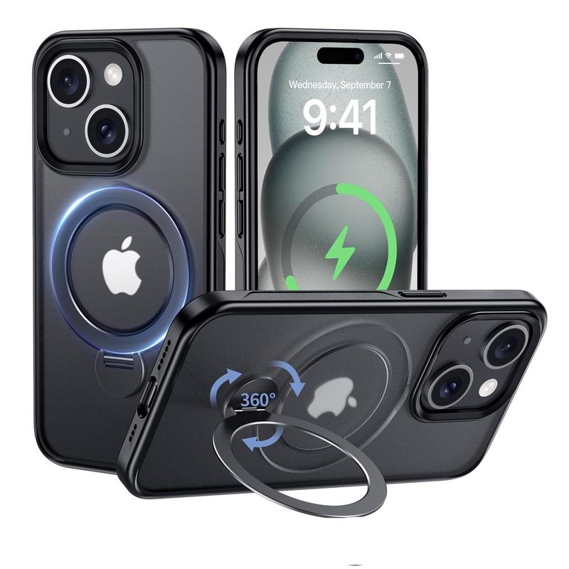 GENERICO - Funda iPhone 15 Plus con soporte giratorio de 360°MagSafe- Negro