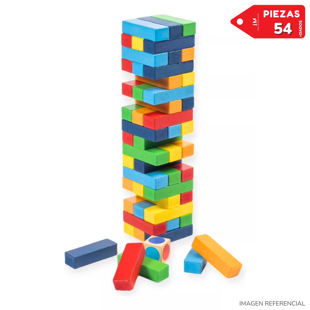 INSPIRA MARKET - Jenga Torre De Colores 54 Piezas Con Dado Madera Didactico