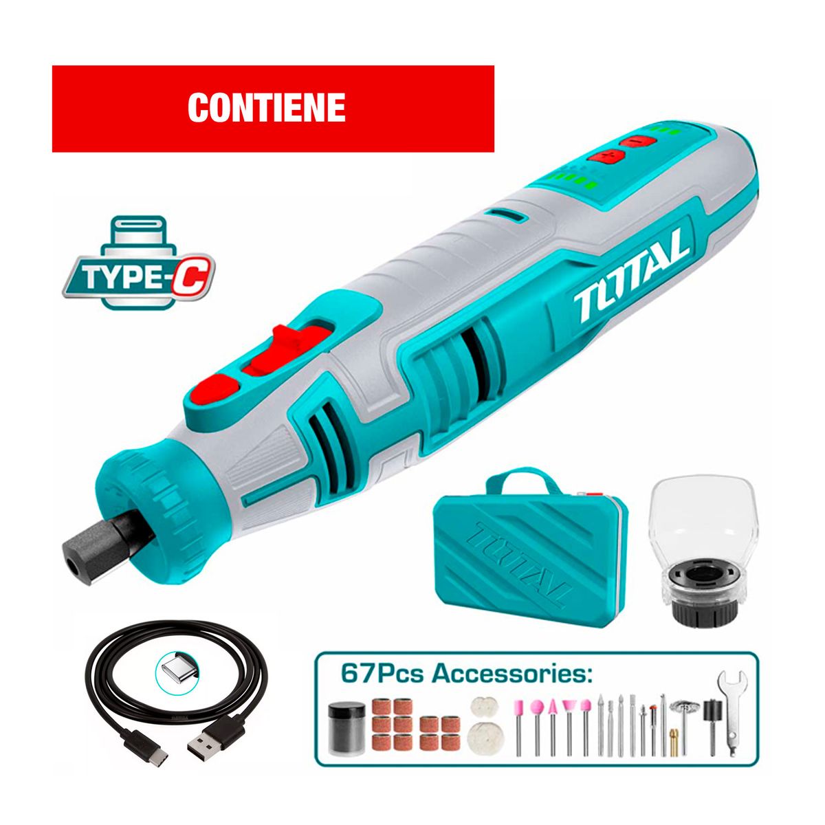 TOTAL TOOLS - MINITORNO GRINDER 8V TOTAL INALÁMBRICO 67 PZS USB TIPO C - COMBO