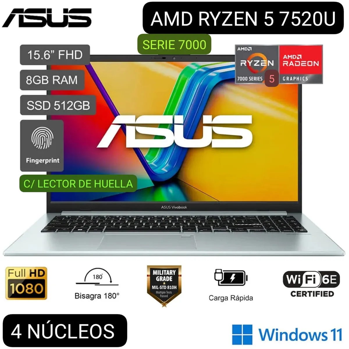 ASUS - LAPTOP ASUS VIVOBOOK GO 15 E1504FA-NJ404W AMD RYZEN 5 7520U 15.6" FHD 8GB 512GB SSD LECTOR HUELLA W11