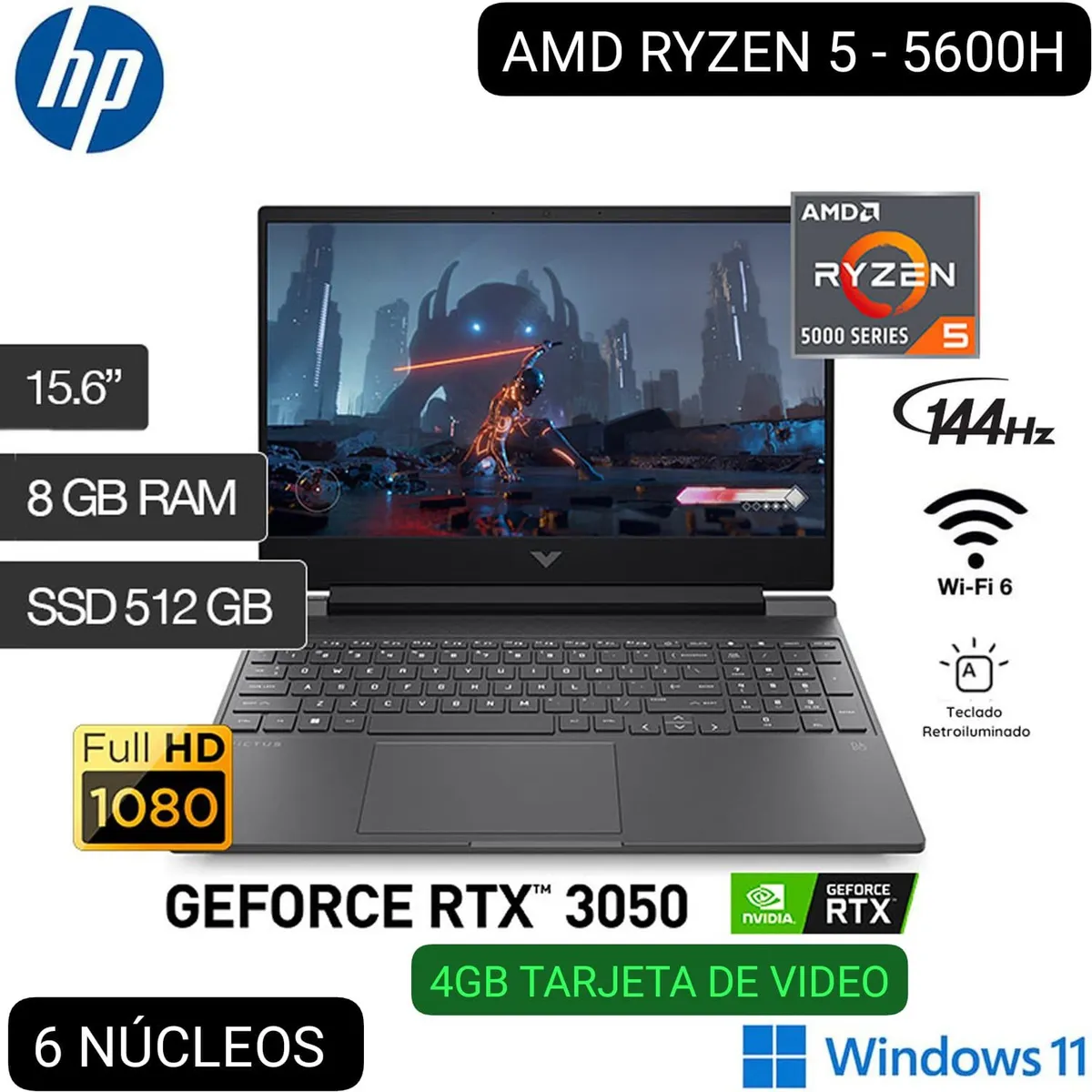 HP - LAPTOP GAMER HP VICTUS 15-FB0128LA AMD RYZEN 5 5600H 15.6” FHD IPS 144 Hz 8GB 512GB SSD RTX 3050 4GB W11