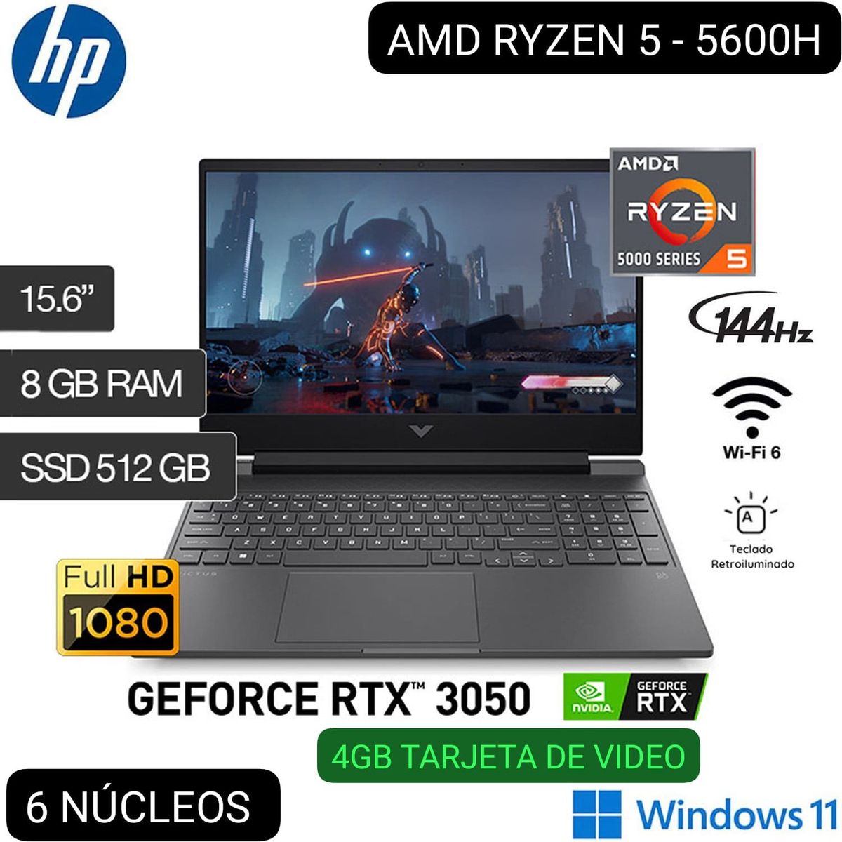 HP - LAPTOP GAMER HP VICTUS 15-FB0128LA AMD RYZEN 5 5600H 15.6” FHD IPS 144 Hz 8GB 512GB SSD RTX 3050 4GB W11