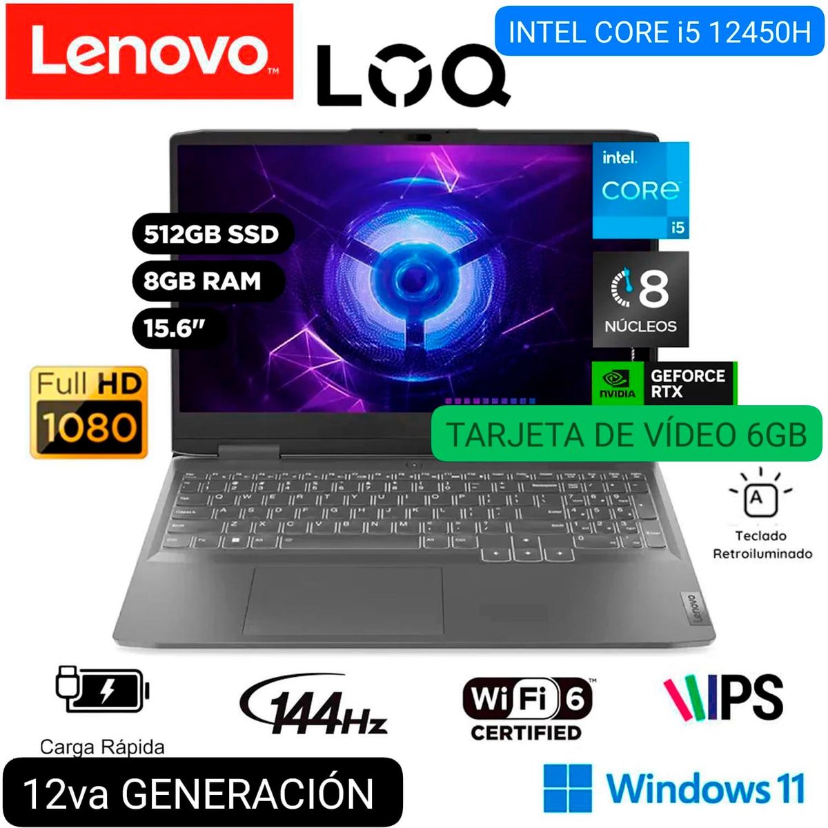 LENOVO - LAPTOP GAMER LENOVO LOQ 15IRH8 82XV00T8LM i5 12°GEN 15.6" FHD IPS 144Hz 8GB 512 SSD RTX3050 6GB W11