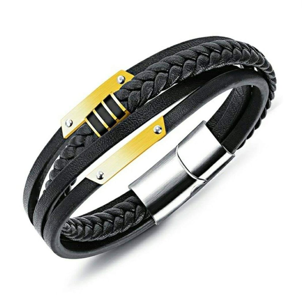 GENERICO - Pulsera de Hombre de Acero Inoxidable Cuero PU