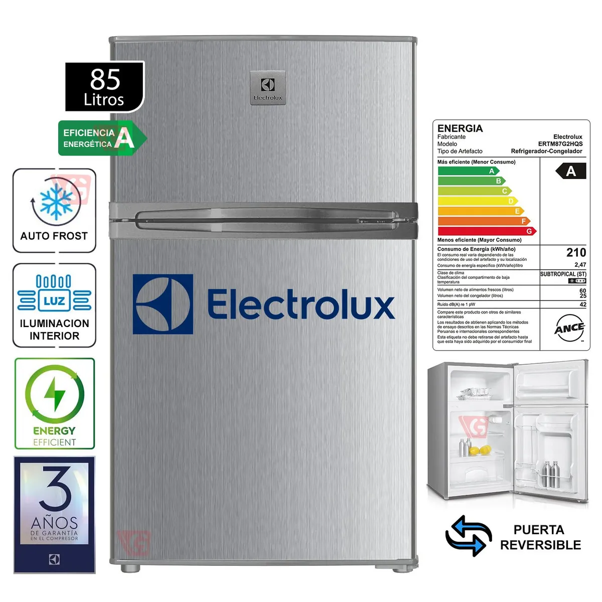 ELECTROLUX - Frigobar 85Lts Doble Puerta ERTM87G2HQS