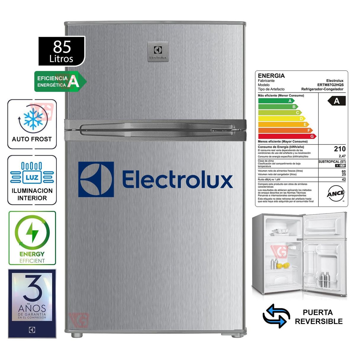 ELECTROLUX - Frigobar 85Lts Doble Puerta ERTM87G2HQS