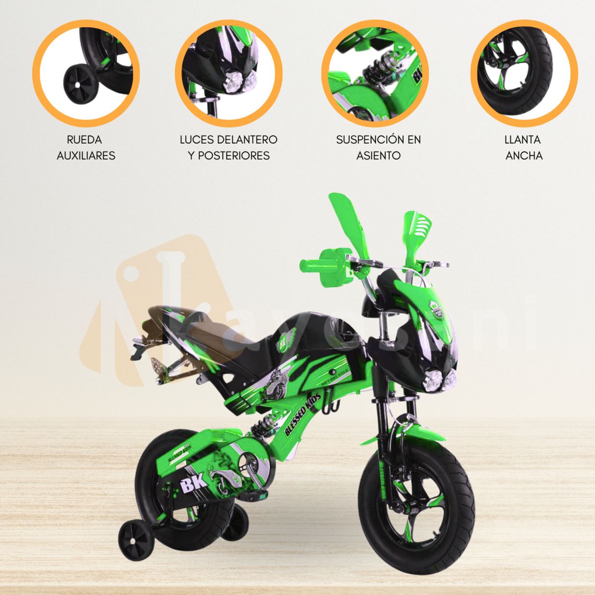 CUZKA - Bicicleta para Niños Aro 12 «MOTORCYCLE» Green