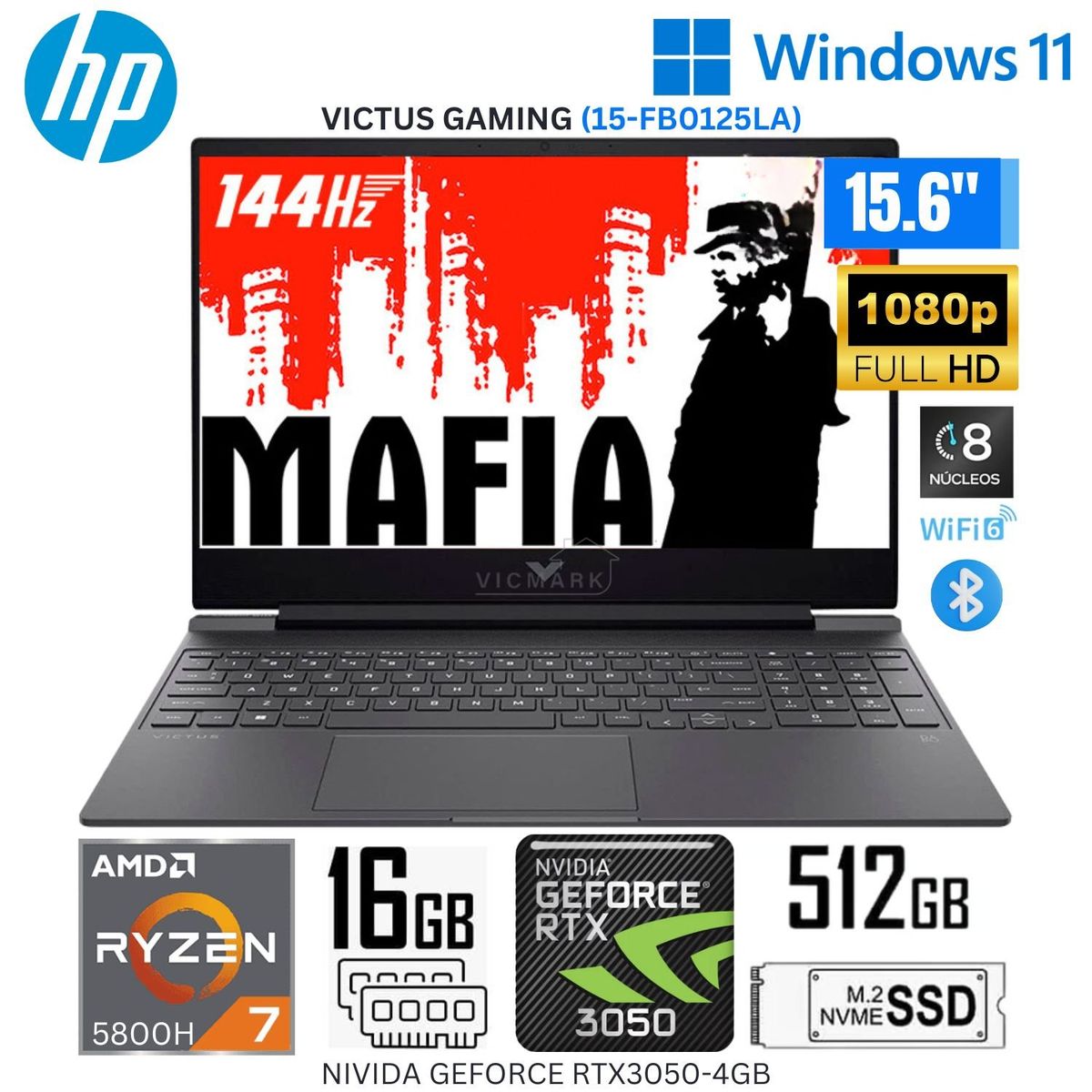 HP - Laptop HP Victus Gaming 15-FB0125LA Ryzen7-5800H 16GB RAM 512GB SSD 15.6" FHD RTX3050-4GB WIN 11