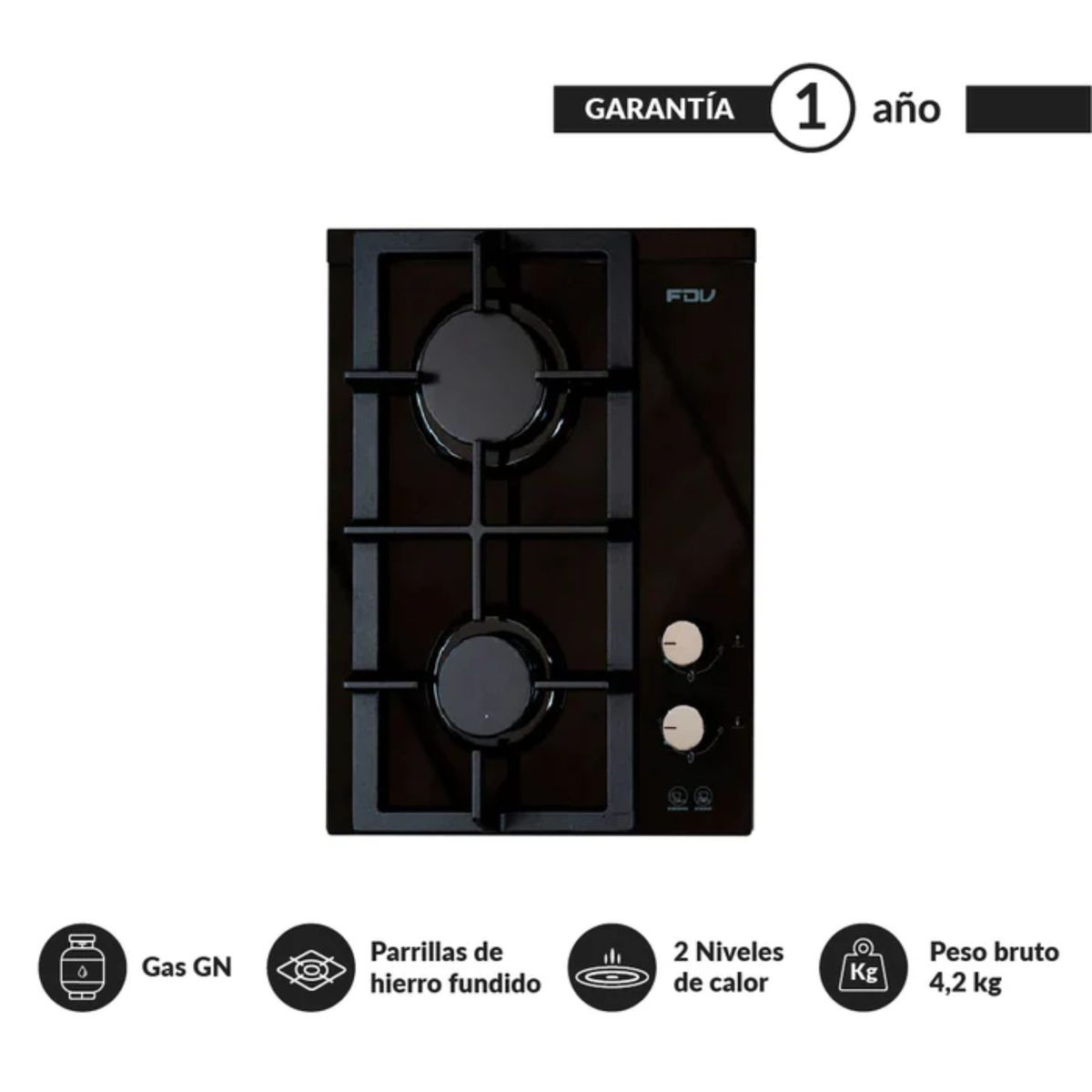 FDV - Encimera a Gas Natural 2 Hornillas 35 cm Crystal FDV