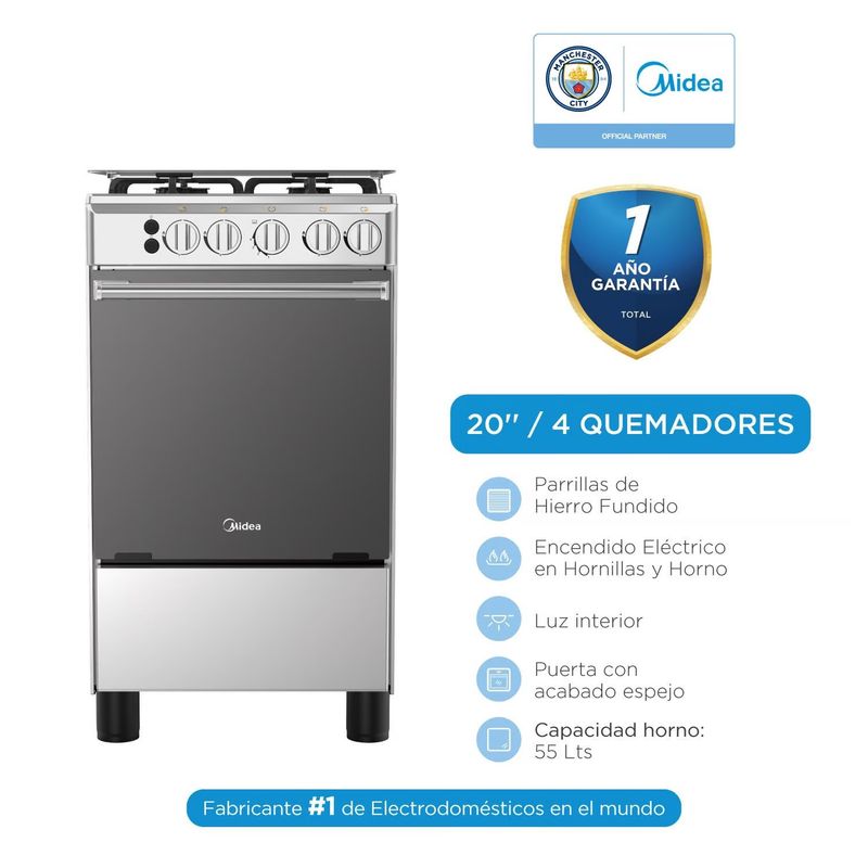 MIDEA - Cocina a Gas MIDEA 4 Quemadores MGS20F0LJAGG SILVER