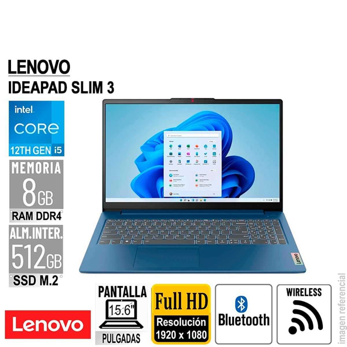 LENOVO - LAPTOP LENOVO IDEAPAD SLIM 3 15.6" FHD CORE I5-12450H RAM 8GB-LPDDR5 512GB-SSD SIN SISTEMA OPERATIVO