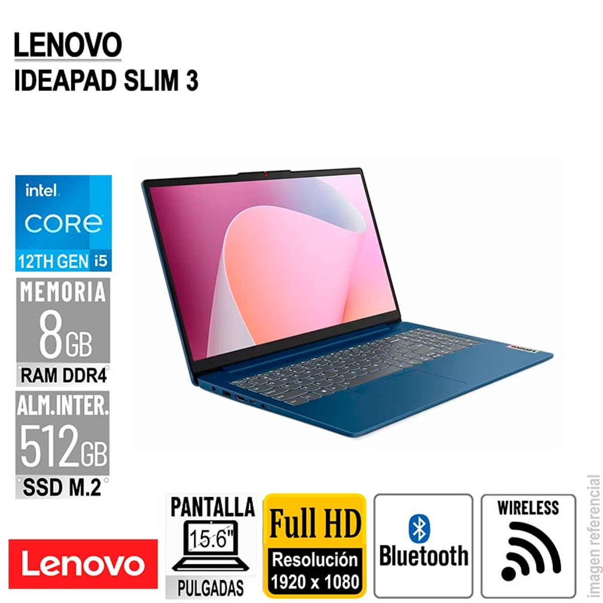 LENOVO - LAPTOP LENOVO IDEAPAD SLIM 3 15.6" FHD CORE I5-12450H RAM 8GB-LPDDR5 512GB-SSD SIN SISTEMA OPERATIVO