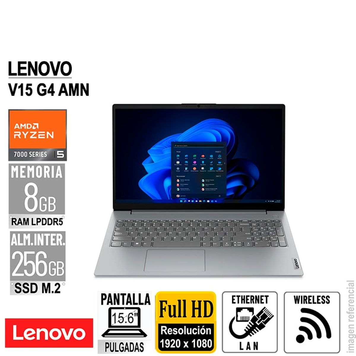 LENOVO - LAPTOP LENOVO V15 G4 AMN 15.6" FHD AMD RYZEN 5 7520U RAM 8GB-LPDDR5 256GB-SSD SIN SISTEMA OPERATIVO