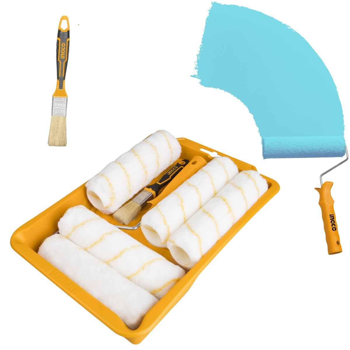 INGCO TOOLS - kit Rodillo para pintar 5 unidades, 1 Bandeja, 1 Brocha, FINO ACABADO