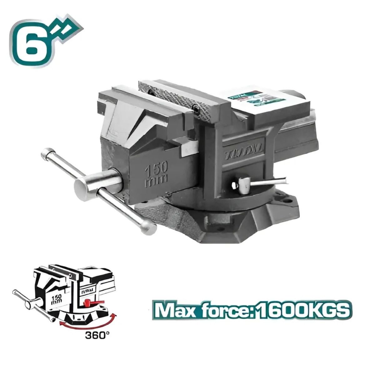 TOTAL TOOLS - PRENSA TORNILLO DE BANCO 6″ GIRATORIO CON YUNQUE 1600KG - THT6166