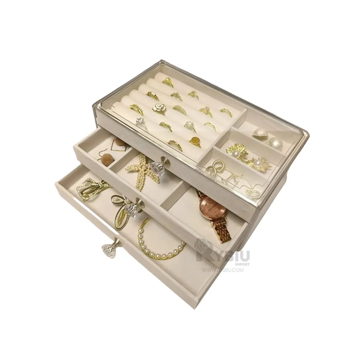 RYBIU IMPORT - Joyero de Tres Niveles con Terciopelo al Interior en Beige