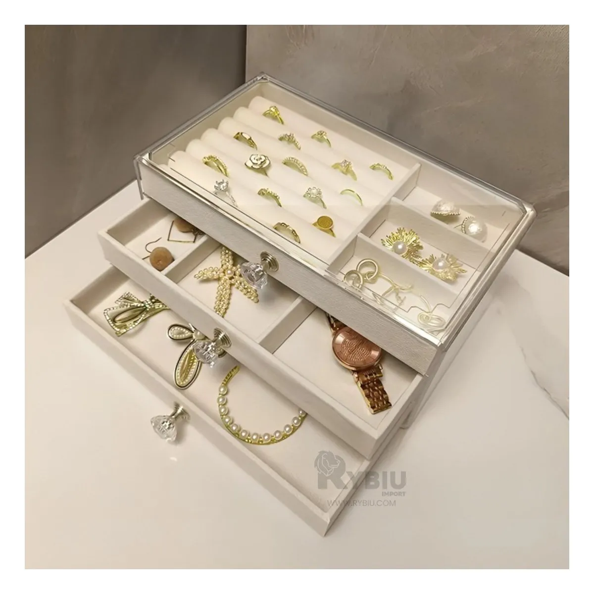 RYBIU IMPORT - Joyero con Casillas Triple en Color Beige Y+Papel de Regalo