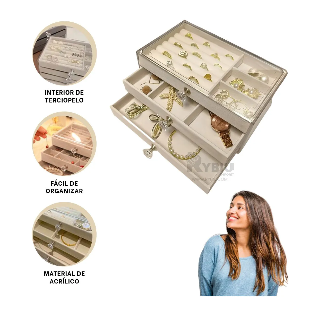 RYBIU IMPORT - Joyero con Casillas Triple en Color Beige Y+Papel de Regalo
