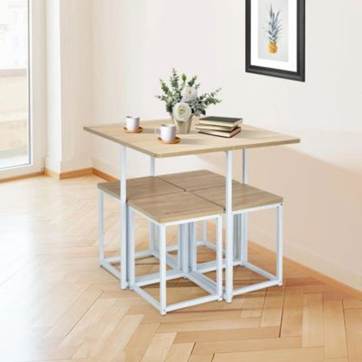 GENERICO - Juego de Comedor con 4 Bancos Moderno Ohio Blanco con Duna R&R MUEBLES