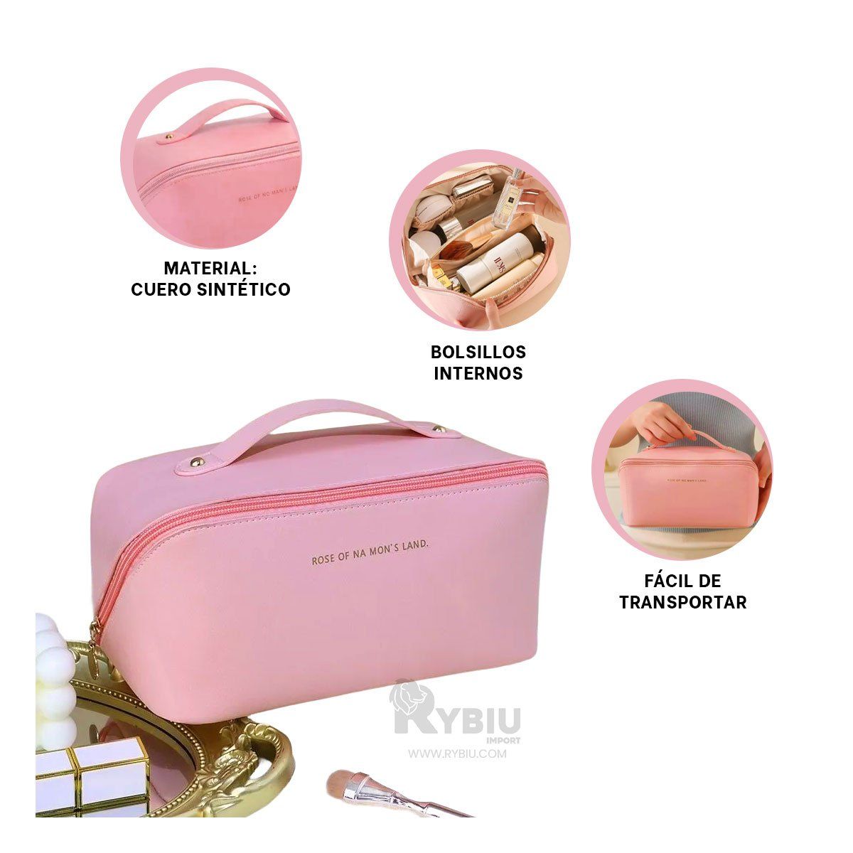 RYBIU IMPORT - Cosmetiquero Practico para Viaje en Tono Rosado Y+Stickers