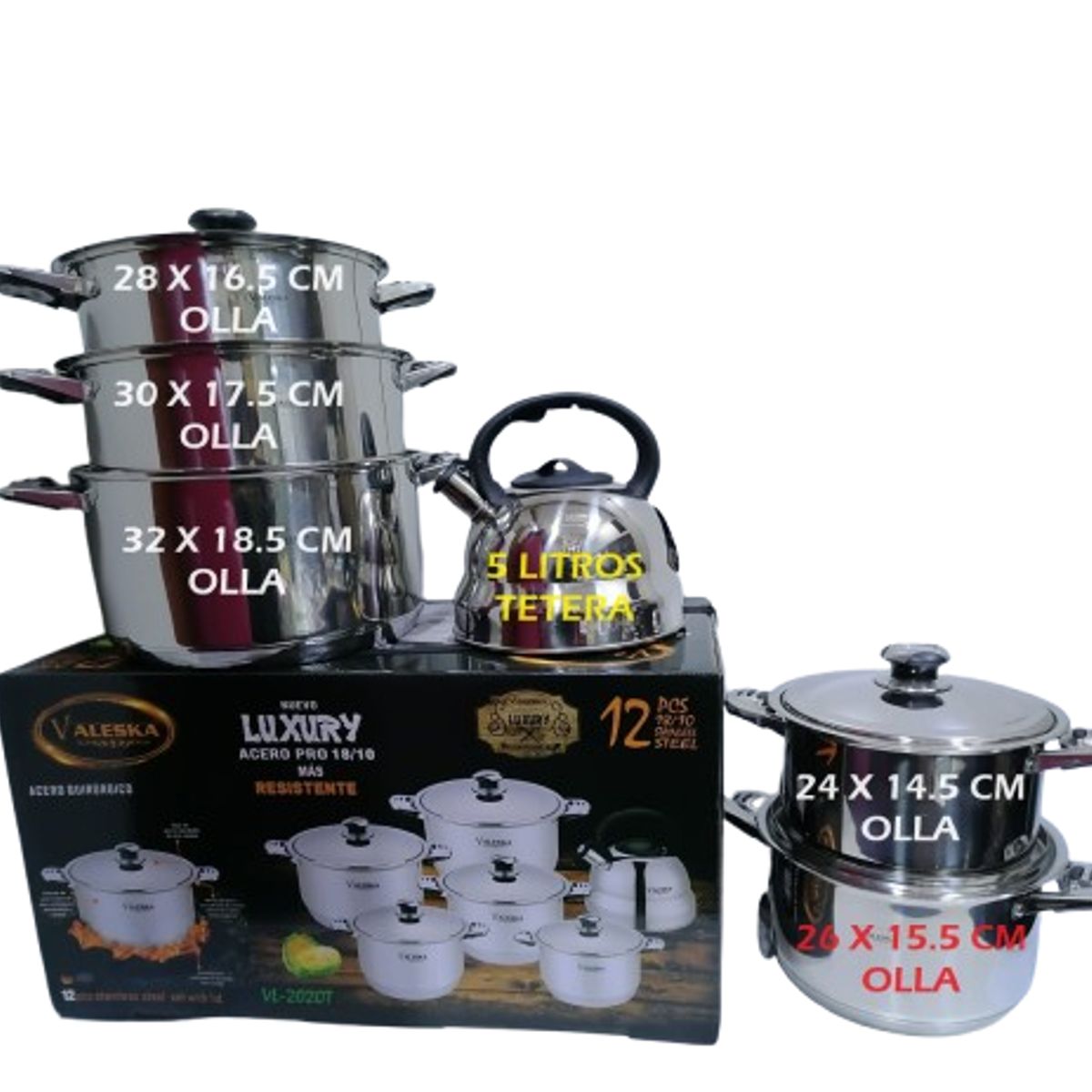 VALESKA - JUEGO DE OLLAS 12 PIEZAS ACERO QUIRURGICO VALESKA-TAPA DE ACERO