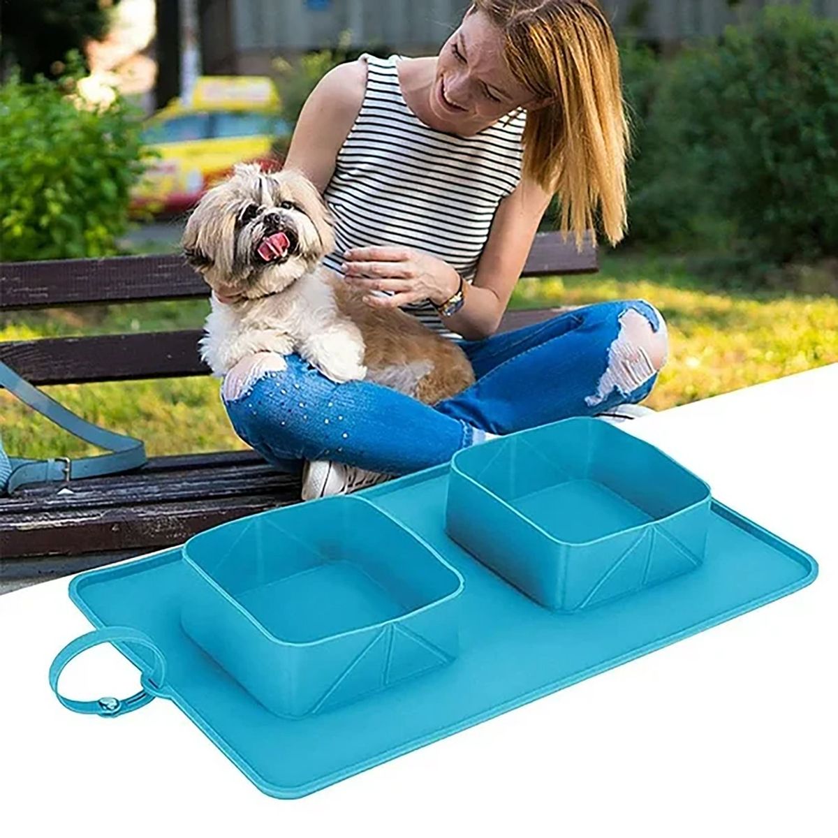 GENERICO - Plato de perro  gato plegable portátil de silicona Celeste