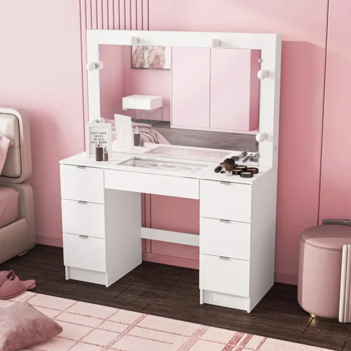 R&R MUEBLES - Tocador Moderno con Luces Saki Blanco  R&R MUEBLES