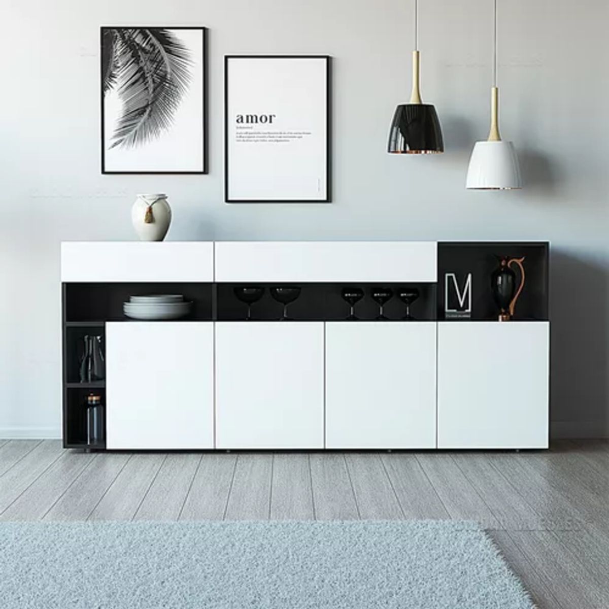 R&R MUEBLES - Aparador Moderno Elegante Tokio Blanco con Negro RR MUEBLES