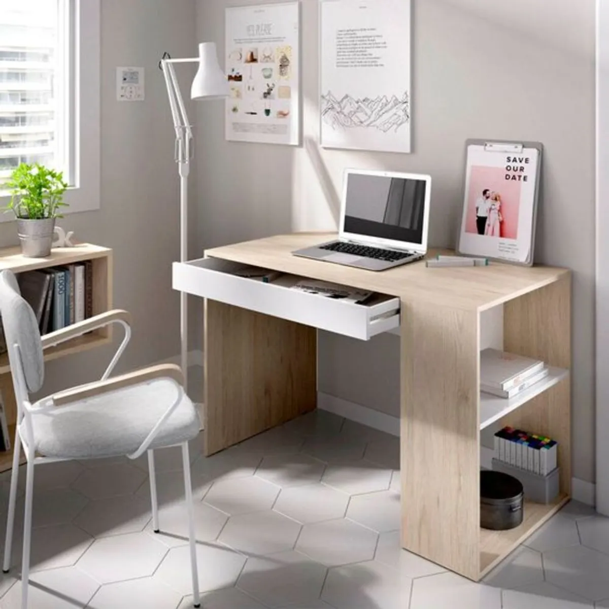 R&R MUEBLES - Escritorio Minimalista Karen 1 cajón y Repisas Laterales R&R MUEBLES