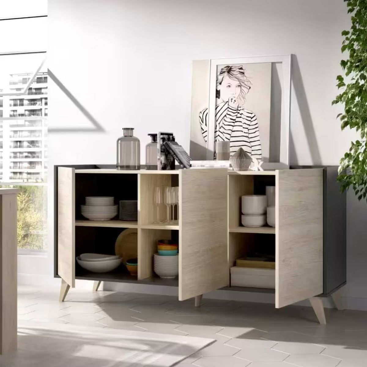 R&R MUEBLES - Aparador Moderno Mae Duna con Gris R&R MUEBLES
