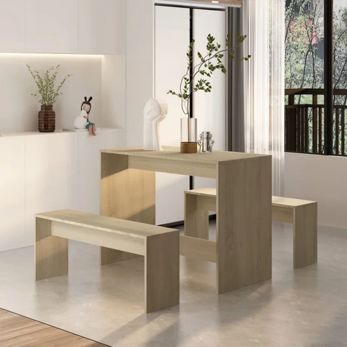 GENERICO - Juego de Comedor con 2 Bancos Moderno Tati Marrón Claro R&R MUEBLES