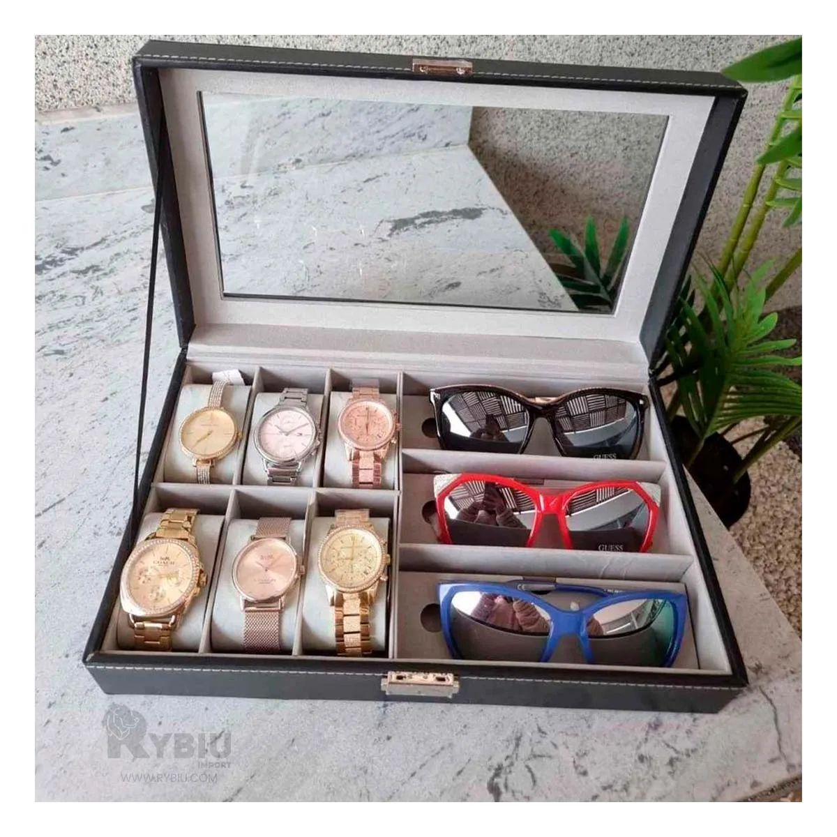 RYBIU IMPORT - Organizador Resistente de Relojes en Negro Y+Papel de Regalo