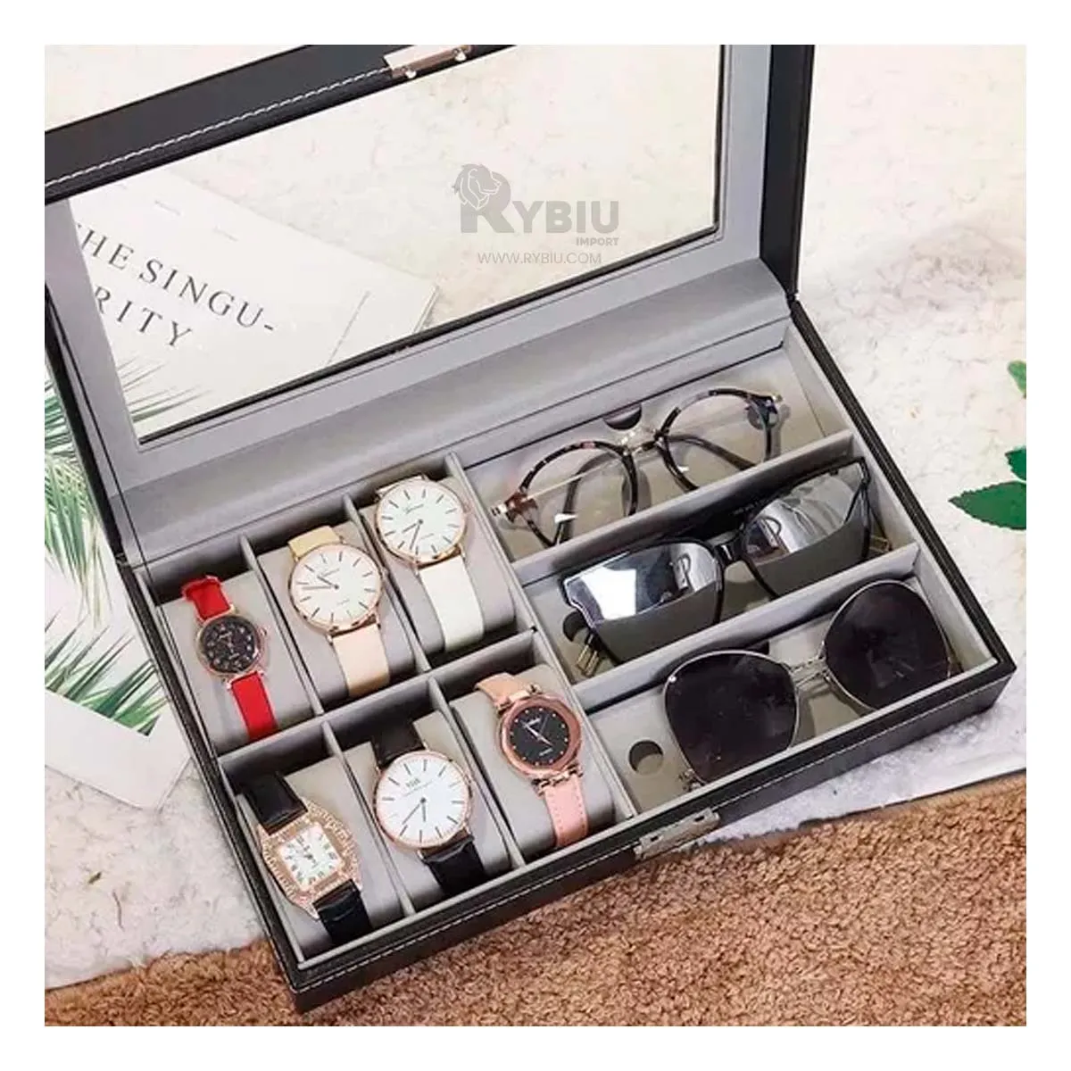 RYBIU IMPORT - Organizador Resistente de Relojes en Negro Y+Papel de Regalo