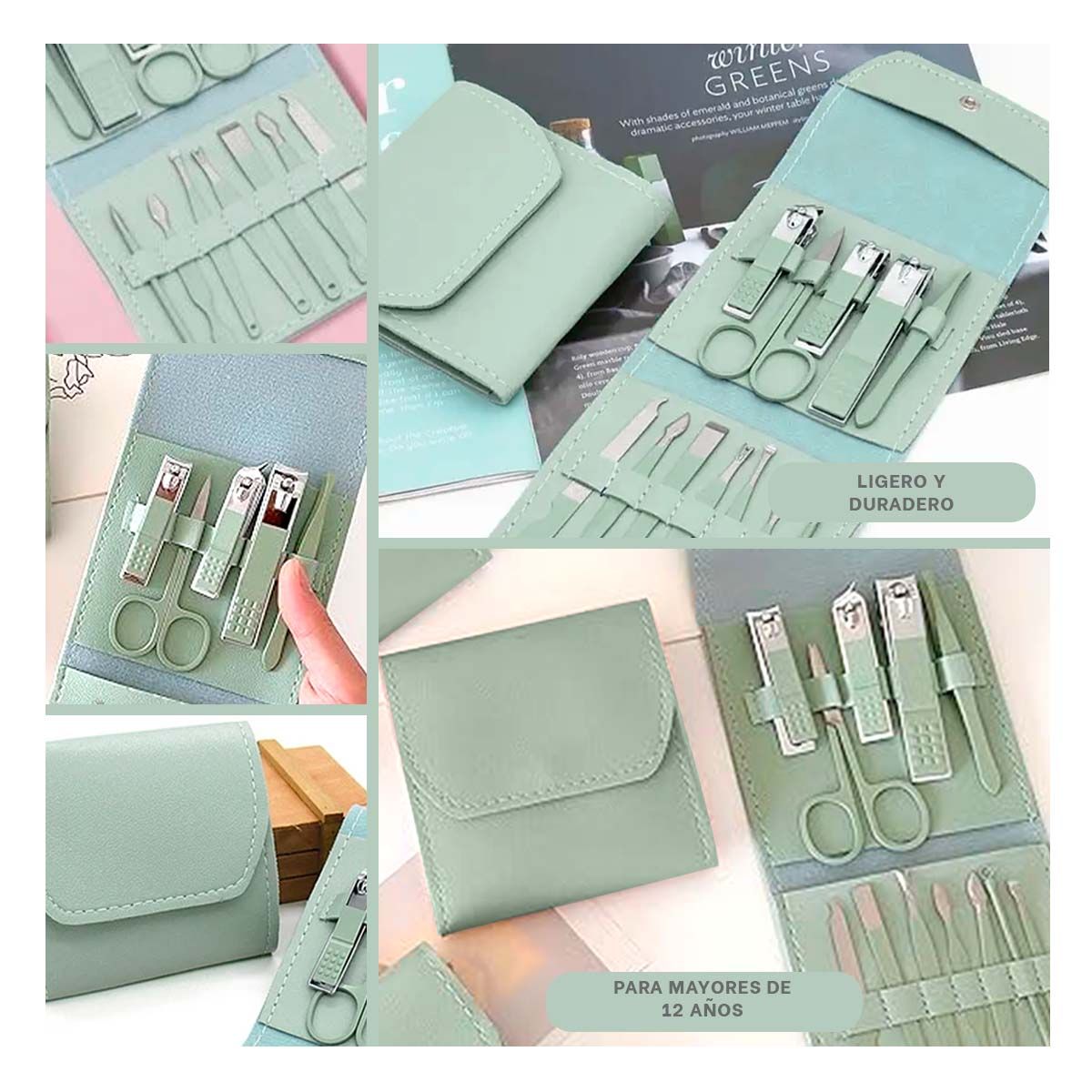 RYBIU IMPORT - Juego de Herramientas de Manicure Verde Y+Gift MiniAgenda