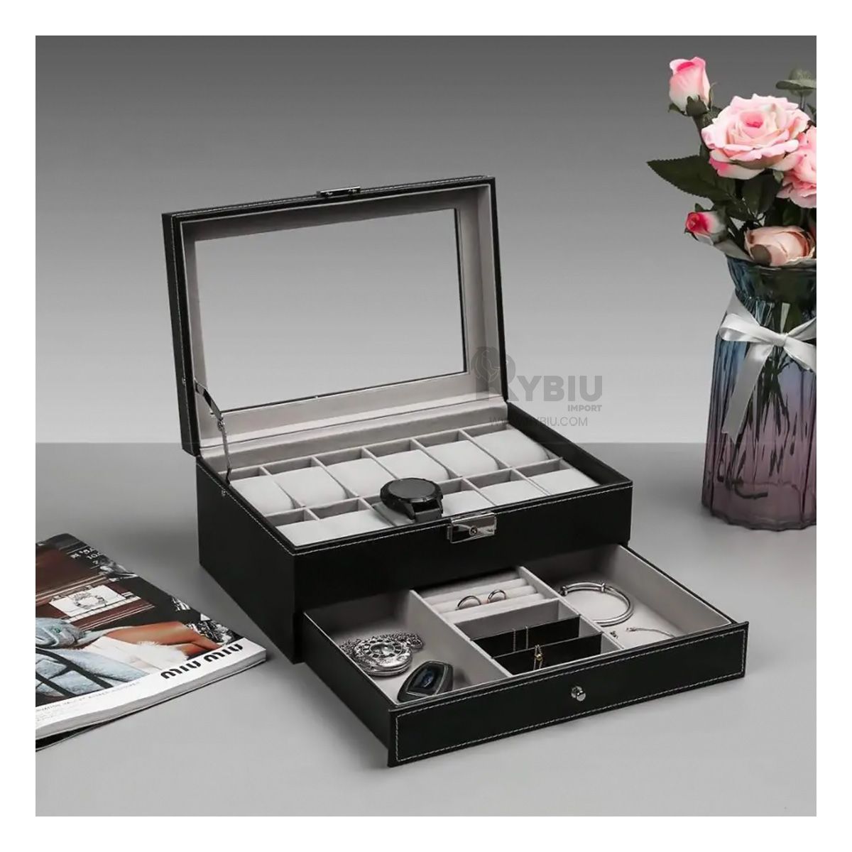 RYBIU IMPORT - Caja Versatil para Guardar Relojes Negro Y+Ligas de Regalo