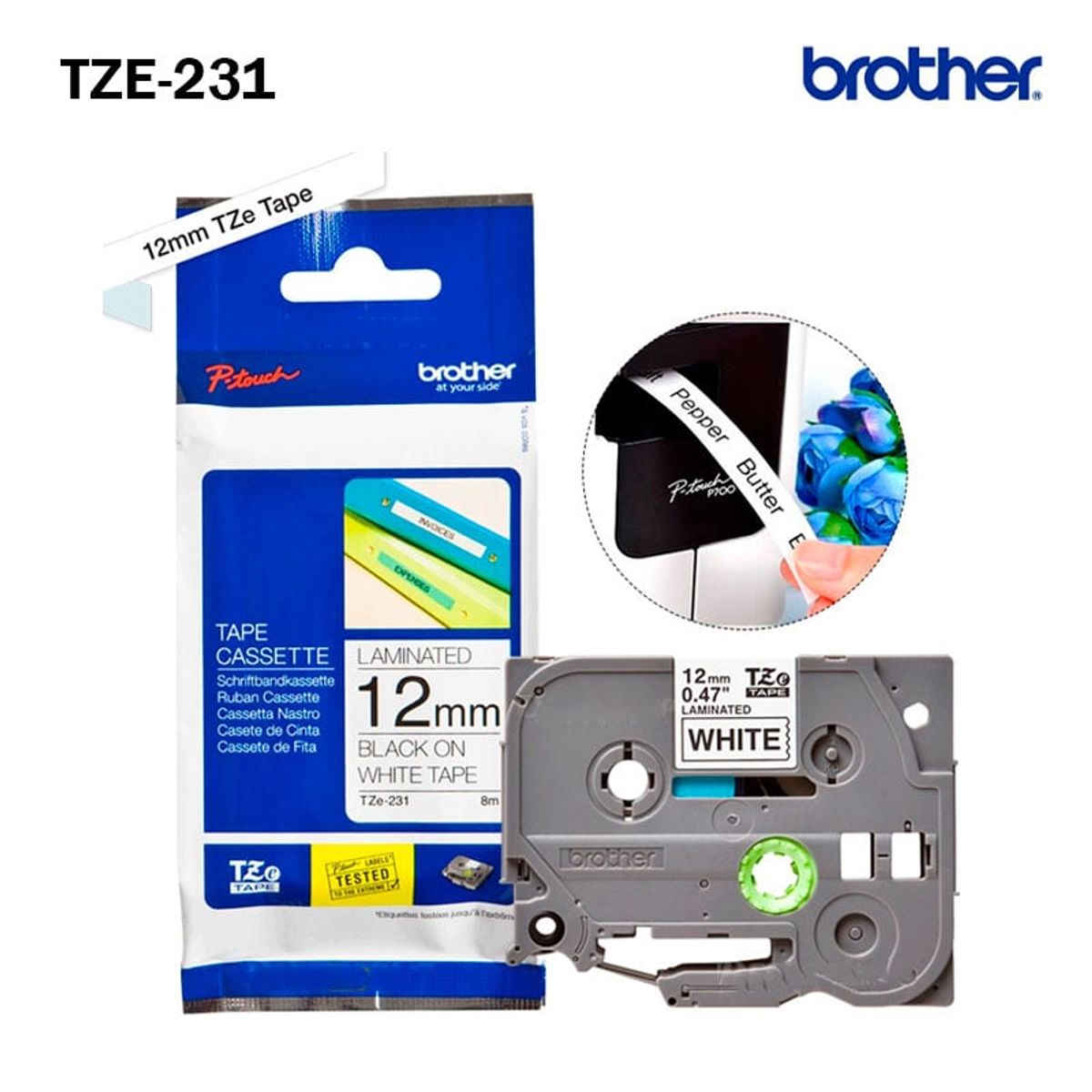 BROTHER - CINTA LAMINADA BROTHER TZE-231 12MM X 8M NEGRO SOBRE BLANCO