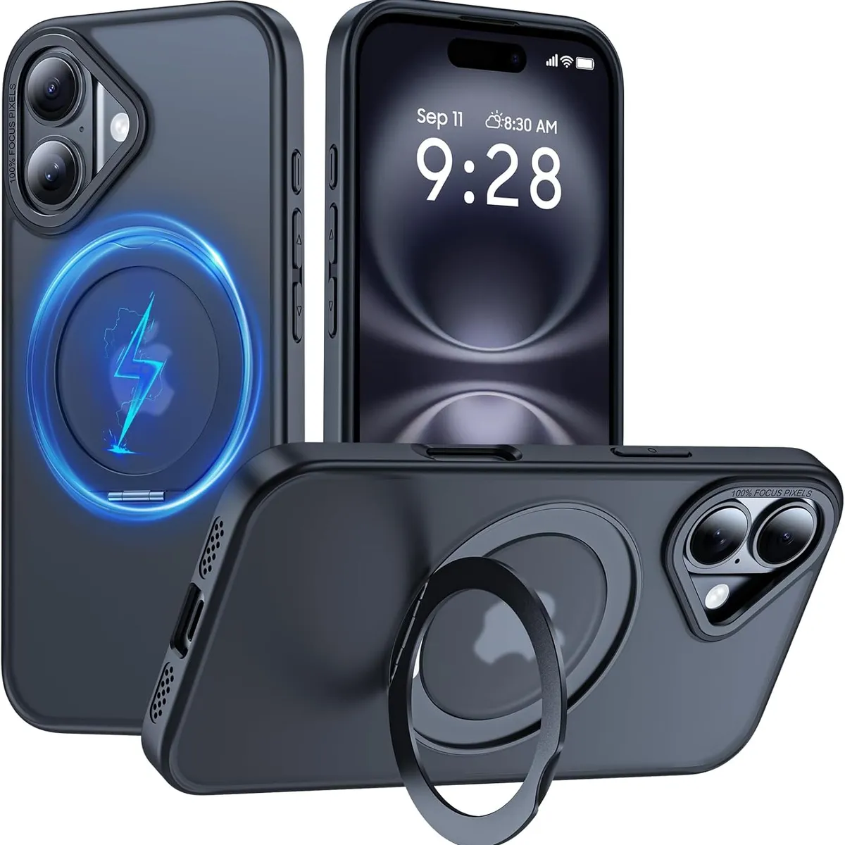 GENERICO - Case Ahumado iPhone 16Plus con soporte giratorio de 360°MagSafe- Negro