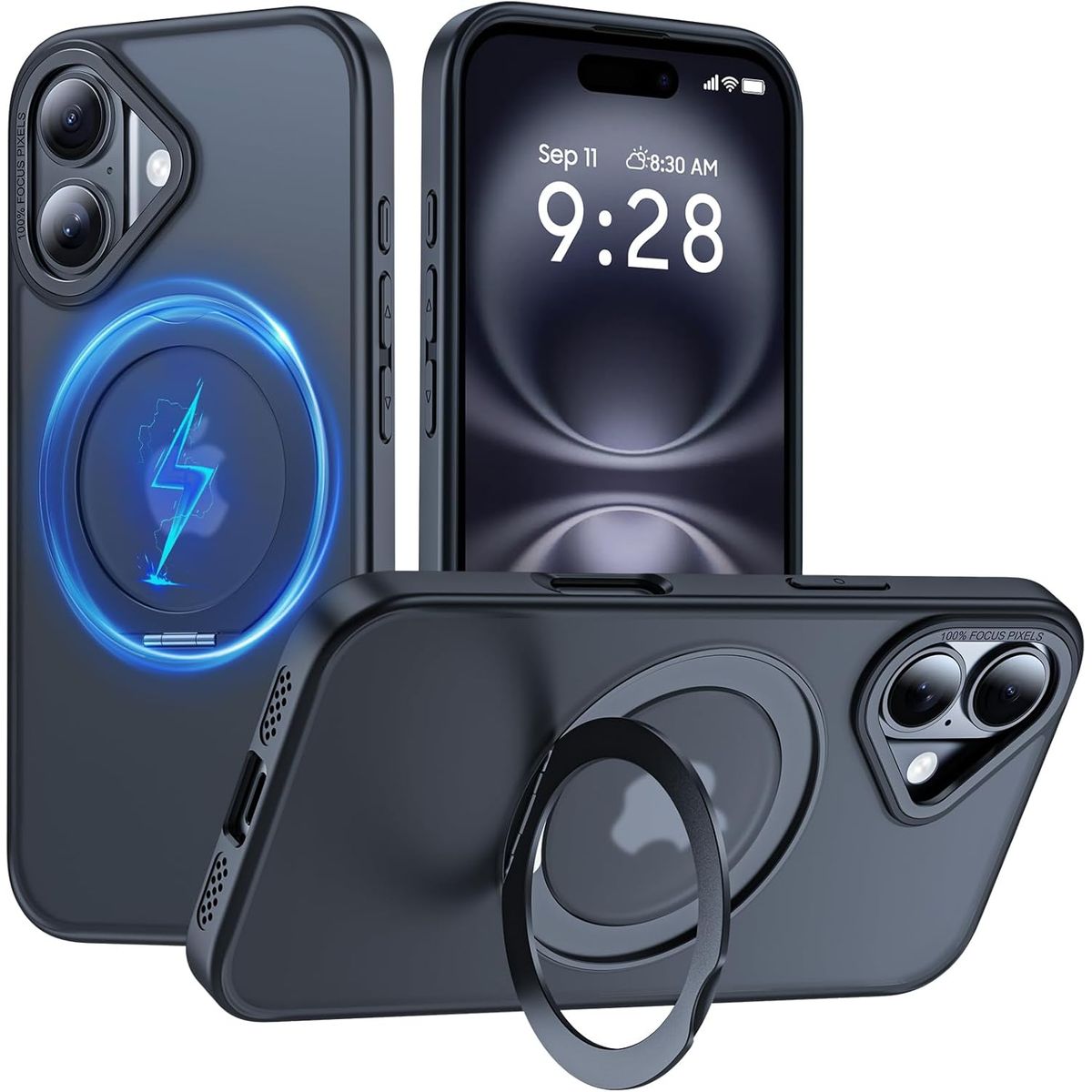 GENERICO - Case Ahumado iPhone 16 con soporte giratorio 360°MagSafe- Negro