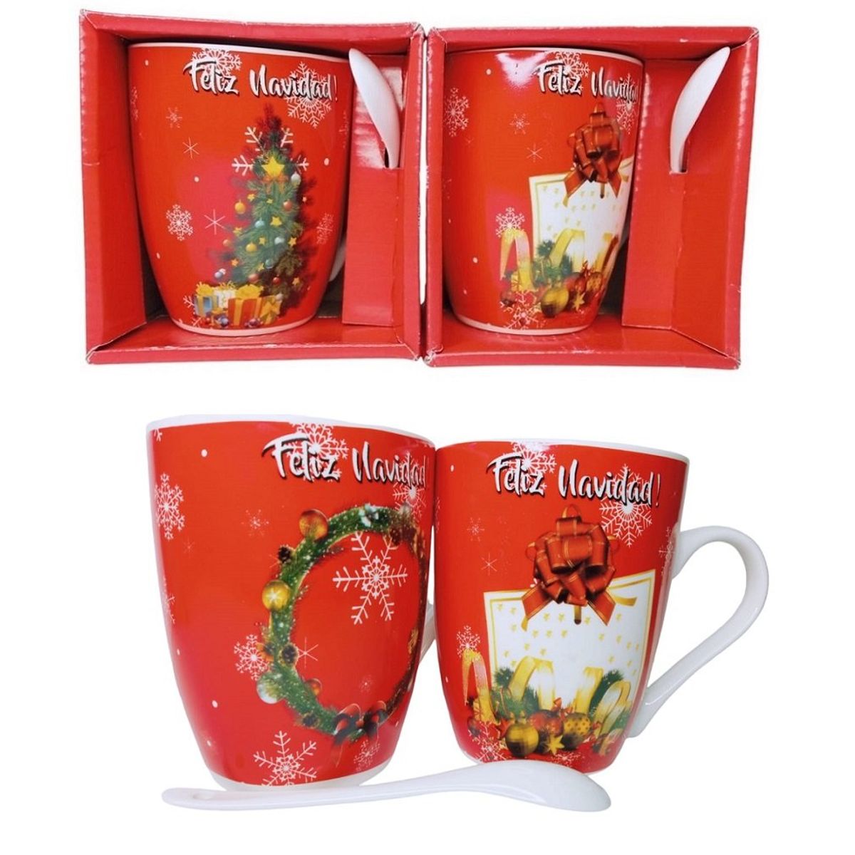 GENERICO - Tazas con cucharita navideñas en cajita 300ml sublimadas