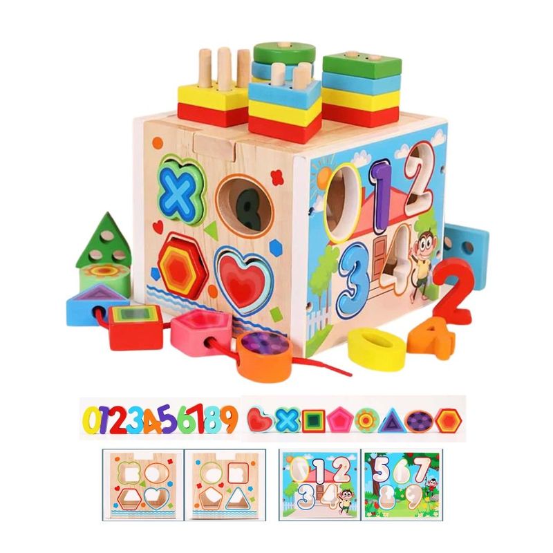 GENERICO - Cubo Didáctico Montessori Obstáculo 5 en 1 de Madera - Números y Formas Geométricas