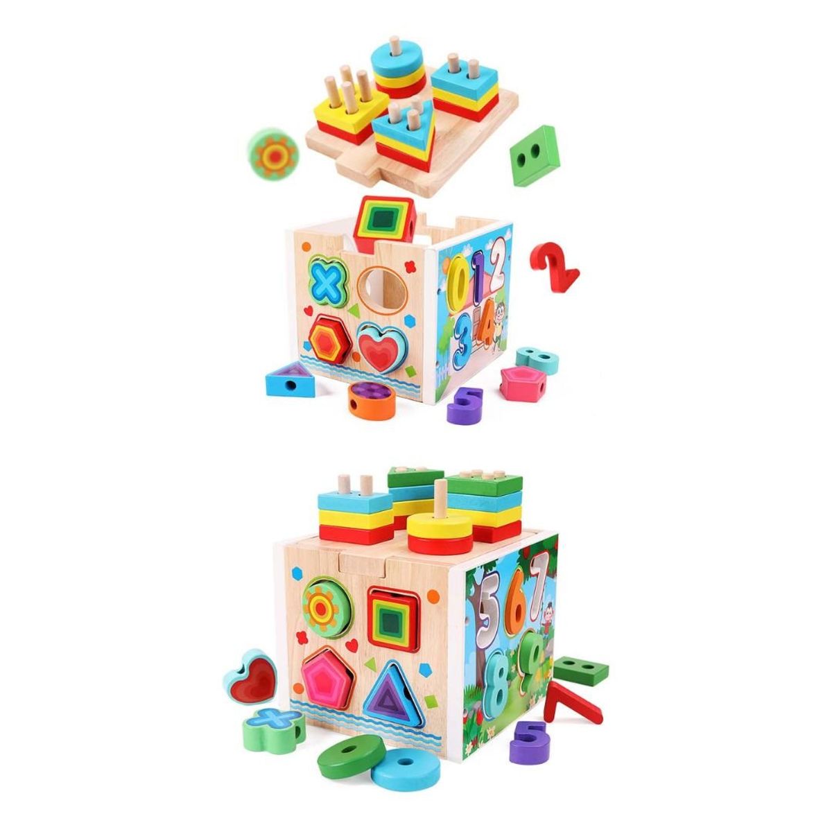 GENERICO - Cubo Didáctico Montessori Obstáculo 5 en 1 de Madera - Números y Formas Geométricas