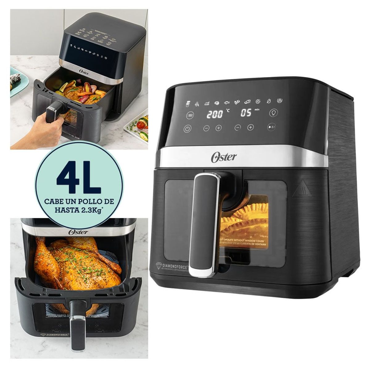 OSTER - Freidora De Aire 4L Digital Con Ventana Y Revestimiento Diamondforce